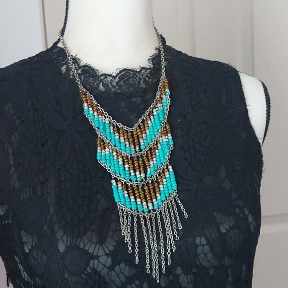 Boho Chic Multicolor Fringed Bib Statement Necklace Turquoise Brown White Silver - Picture 3 of 6